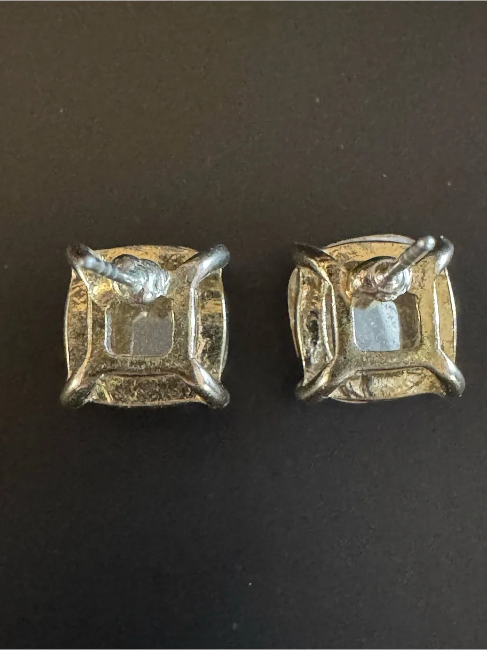 Cushion Cut Opaline Glass Stud Earrings Antique Gold Tone